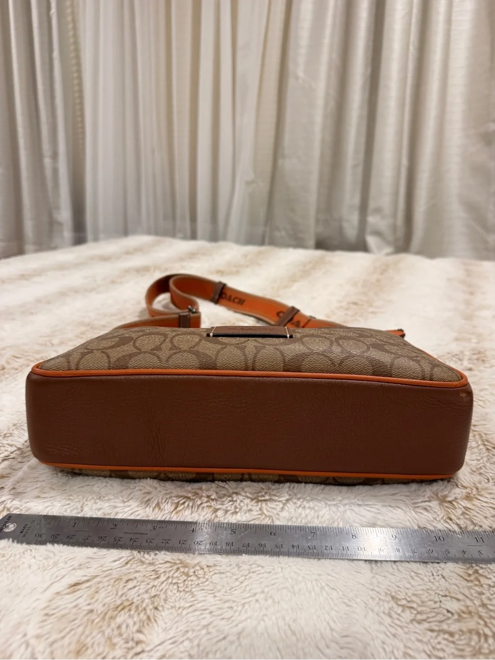 COACH Signature Jacquard Crossbody Bag Brown Tan Orange Logo Strap